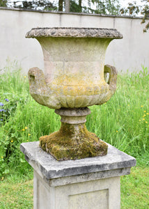 A Pair of Vintage Garden Urns on Haddonstone Plinths